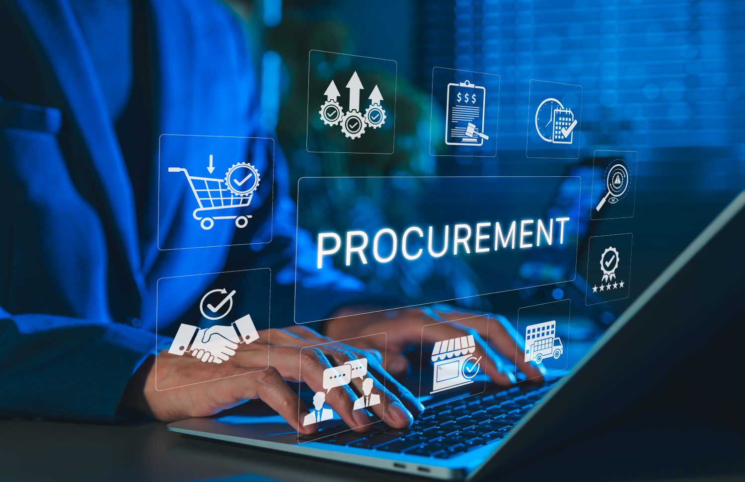 Person using laptop with procurement icons displayed.