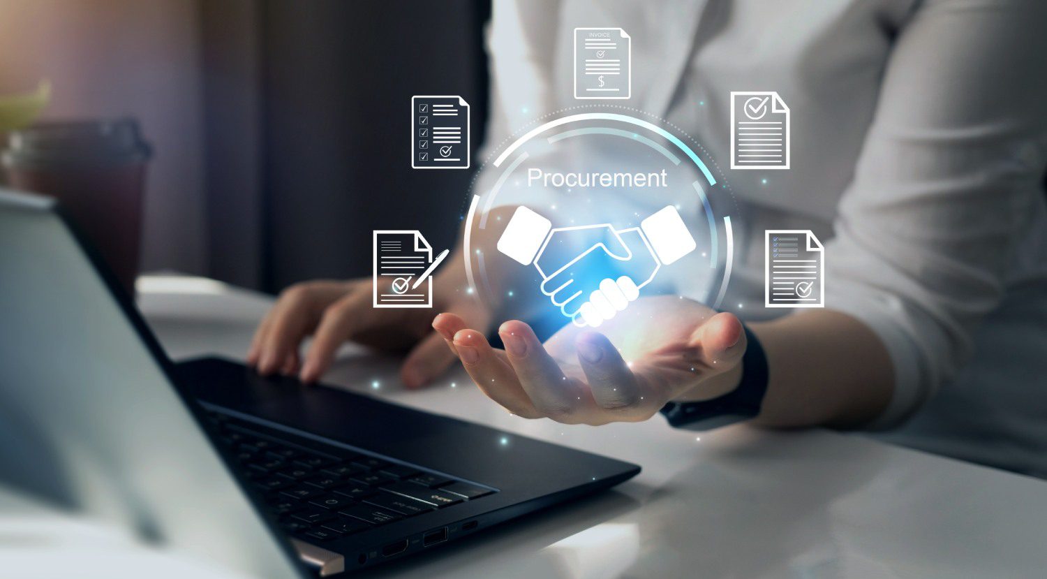 Digital procurement concept with handshake graphic.