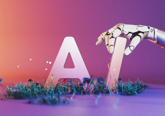 A robot hand placing letters AI