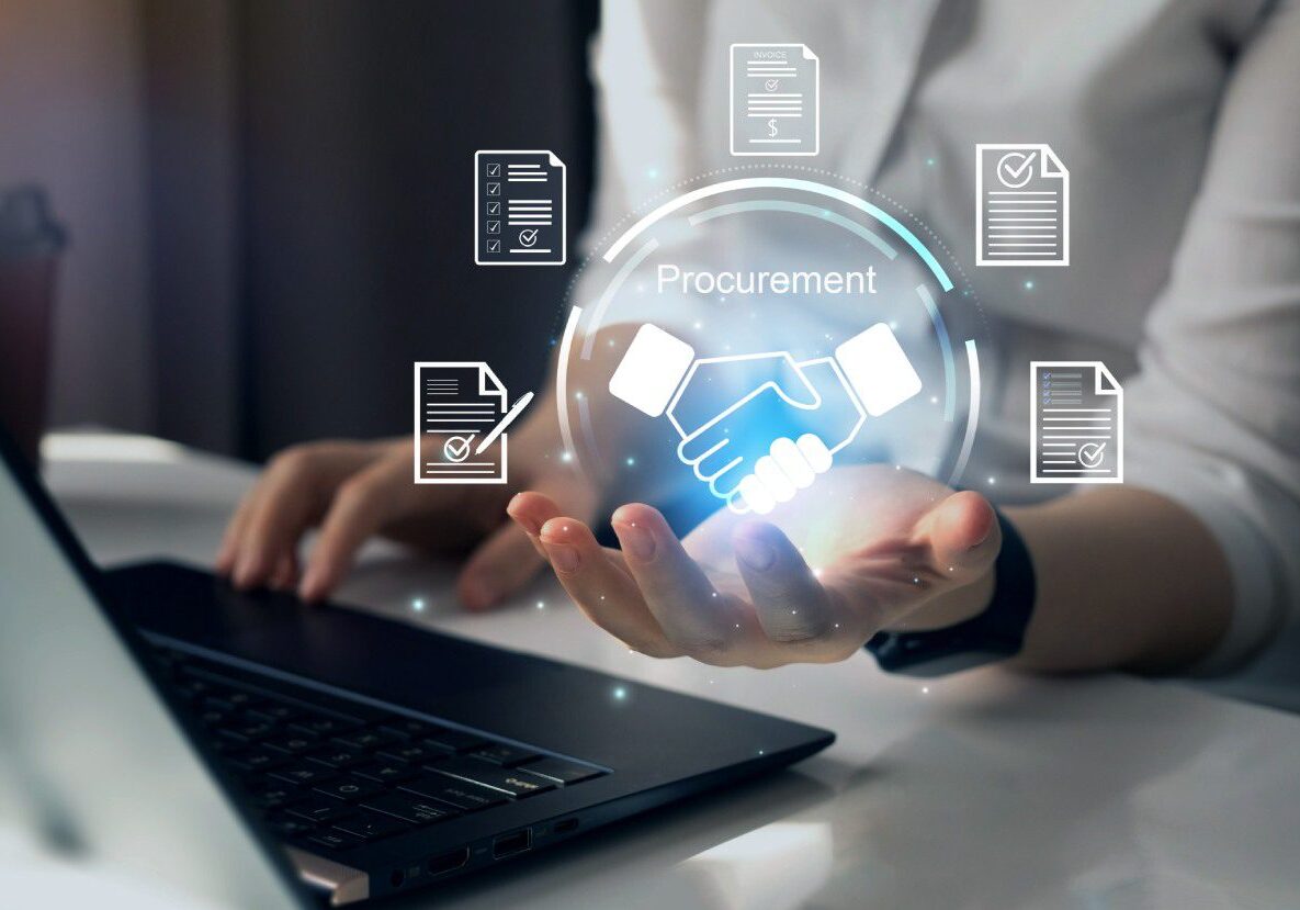 Digital procurement concept with handshake graphic.